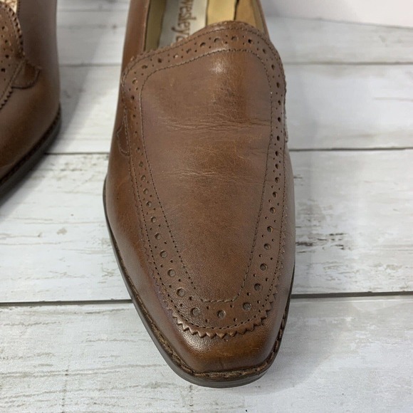 Vtg Wesley & Co Brown Leather Slip On Shoe Chunky‎ Heel Almond Toe 7.5 Brazil - Picture 8 of 9